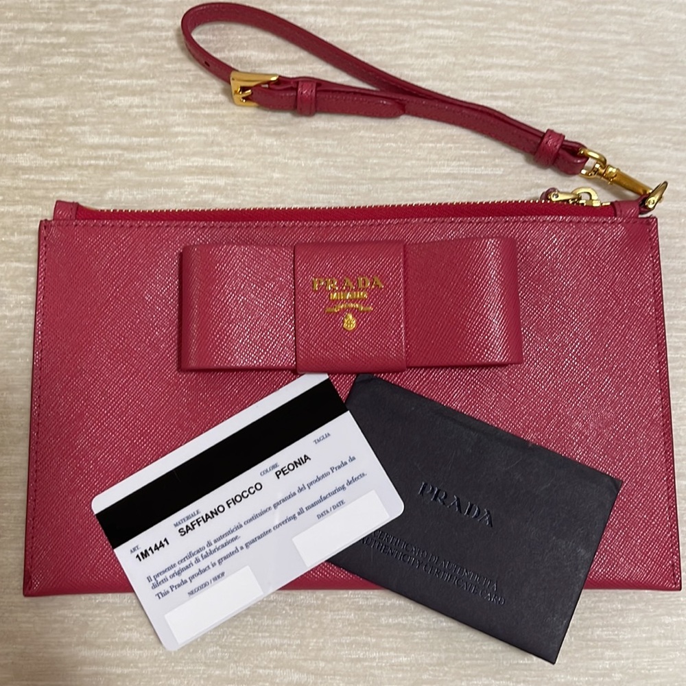 Prada peonia saffiona fiocco large wallet with carrying straps